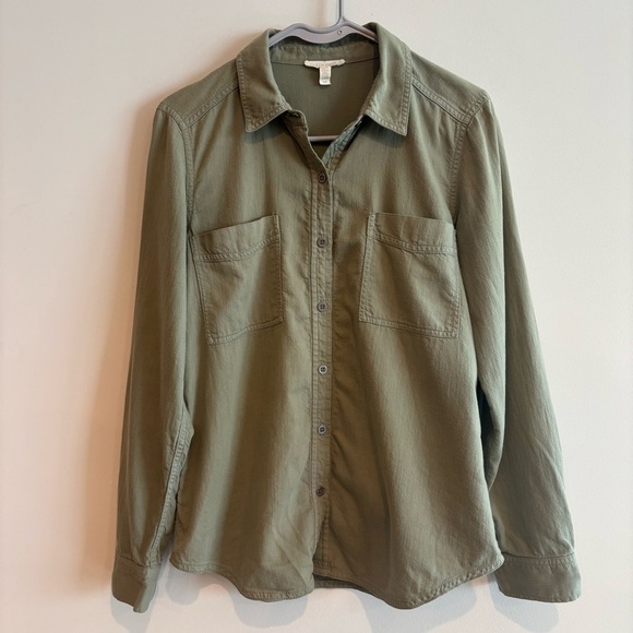 Eileen Fisher Light Green 100% Organic Cotton Long Sleeve Button Down Shirt S - Picture 2 of 7